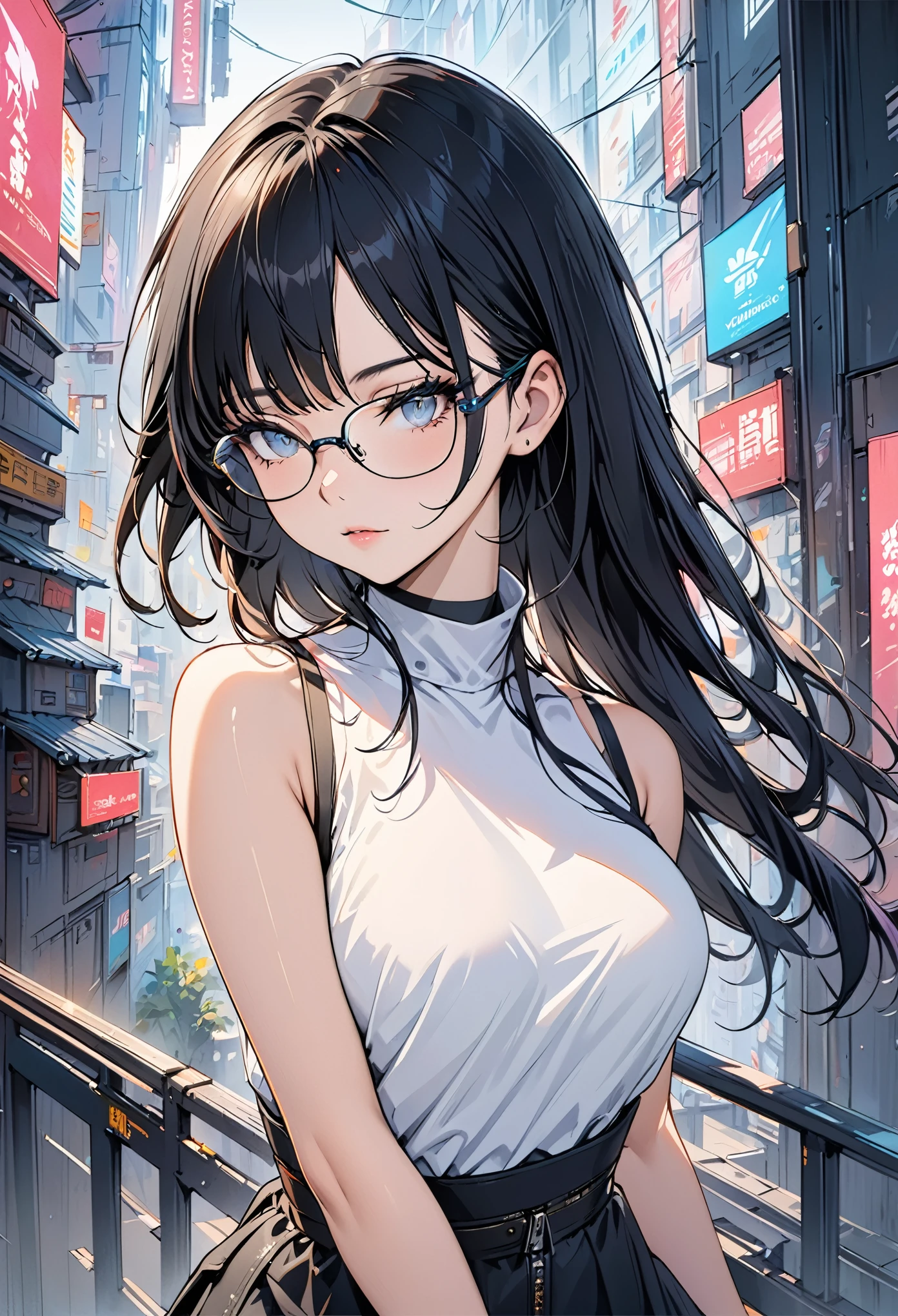 (masterpiece, best quality), 1 Girl, Black Hair, Glasses, Cyberpunk, Solitary, Waist-high, Sexy appearance