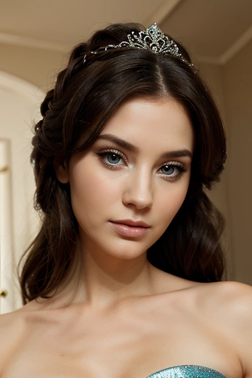 The Cinderella who was beautiful. Beautiful and coiffed hair, captivating eyes, made-up face and glamorous dress. Cartoon.