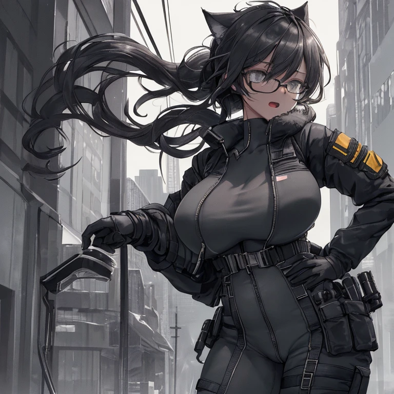 top quality, best quality, High-quality illustrations, masterpiece, super high resolution, detailed background, detailed eyes, shy, absurdres(highly detailed beautiful face and eyes)perfect anatomy(kemono, furry anthro), (((character is grayscale))), streamlined integrated breasts tubes connected to valves on nipples and lead down and behind her torso, smaller waist, full squishy thighs, full wide hips, round full butt, smaller torso, more narrow torso, (((Tight tactical bodysleeve worn under clothing))), (((wearing tight fitted white zipped shirt))), (((black fur))), (((dark body))), (((no nudity))), solo, female, kemono, hair, fullbody view, standing up straight, not leaning over, (((detailed eyes))), silver reflective colored iris, city, golden hour, plants, (((by bebebebebe))), by buta99, by pgm300, by kishibe, by suurin 2, by sindoll, by secretly saucy, by ANUKI_ex, (((dark grey hair))), (((wavy hair))), (((black fur))), (((no fur pattern))), (((all black body))), (((black body))), feline, cat, glasses, scifi cyberpunk techwear cargo pants with utility straps, tight bra with thin straps and underbust support that struggle to hold breasts that squish and barely fit with excess breast squishing out from cleavage and sides worn under jacket and over shirt, bra zips in the middle, bra straps connecting to harness for support, techwear crop jacket, harness supports breasts, scifi devices and tactical gear, tech harness, utility focused clothing, scifi tactical cylinder canister attached horizontally to her belt behind her with subtle tubes leading out from each side through her clothing and up to her breasts, high collar top, (((dark grey eyes))), open mouth, facing camera, (((messy hair))), short hair, messy ponytail, full body covered in black fur, freckles on her thighs back and arms, no fluids, (((zzzz-cup size breasts))), (((very large swollen breasts that have difficulty fitting in clothing))), nipple silhouette from clothing, inverted nipples, puffy nipple,