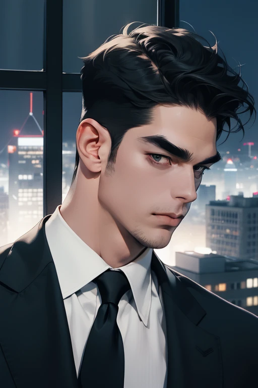 (absurdres, highres, ultra detailed, realistic, ), 1 male, solo, adult, mature, tall muscular guy, broad shoulders, handsome, very short hair, black hair, brown eyes, angular jaw, thick neck, thick eyebrows, night, dark, the night view of the city background, formal suit, necktie, upper body