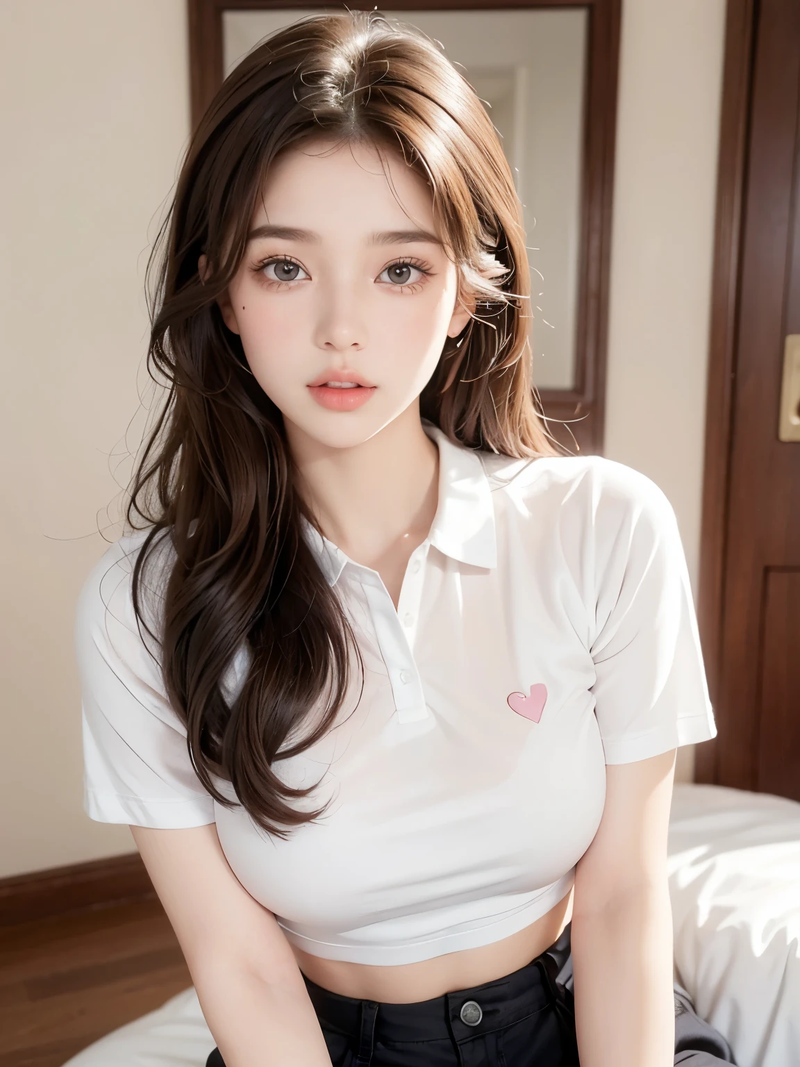 A beautiful girl, with brown curly hair, with curls at the ends, all her hair brown, with a star clip in her brown-white hair, light-colored eyes, beautiful eyes, teary eyes, beautiful and teary eyes, a pretty, upturned nose, a teary nose, pretty lips, pink lips, heart-shaped and cupid's bow lips, beautiful skin, white skin, with moles and freckles all over her face, soft and cute makeup, a cute collar, While she is wearing small black cotton shorts, while she is wearing a long polo shirt at the height of her thighs, and nice shirt,, with a slim, toned, and beautiful abdomen, body complete (beautiful breasts), body pose, a beautiful, body full, looking at the camera