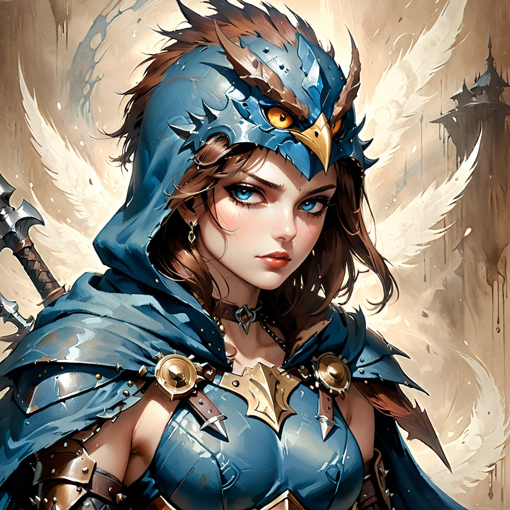 A striking mythical bird-warrior fusion creature, 1950s Rockabilly-inspired, dark fantasy portrait, intricate armor, spiked shoulder pad, hooded cloak, piercing eyes, menacing battle axe, tilted head, confident and mischievous gaze, detailed face rendered in deep blue and brown pencil on sanded vintage patina paper, influenced by Rolf Armstrong, Frank Frazetta, Jeremy Mann, Carne Griffiths, atmospheric 3D rendered background, blending painting, illustration, and 3D render, best quality, 8k, highres, masterpiece, ultra-detailed, realistic, photo-realistic, HDR, studio lighting, extreme detail description, vivid colors