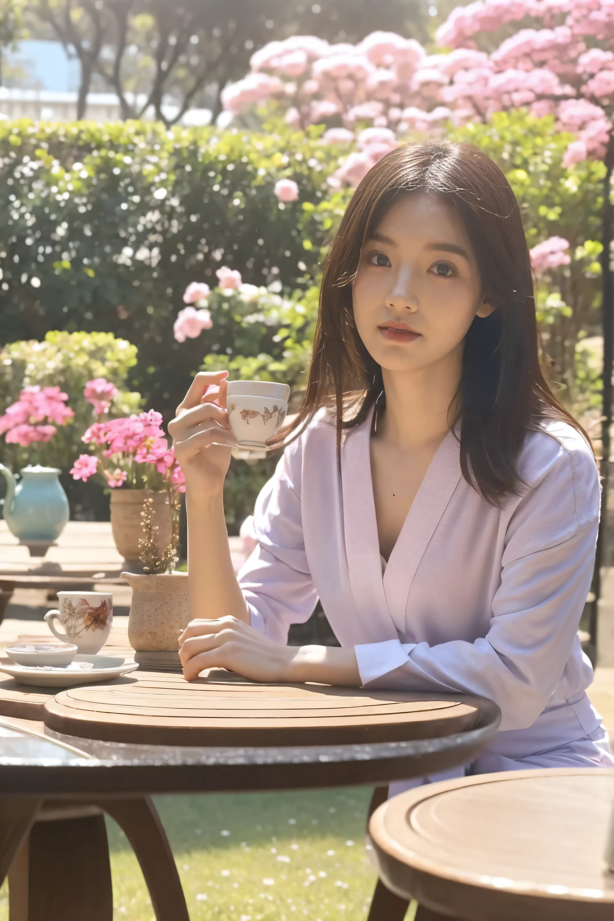 Uma mulher de 23-27 anos, ultra realista, com rosto feminino e delicado. Roupas femininas, rosto puro. sentada em uma cadeira no jardim, full of flowers and a cup of tea on a table next to.