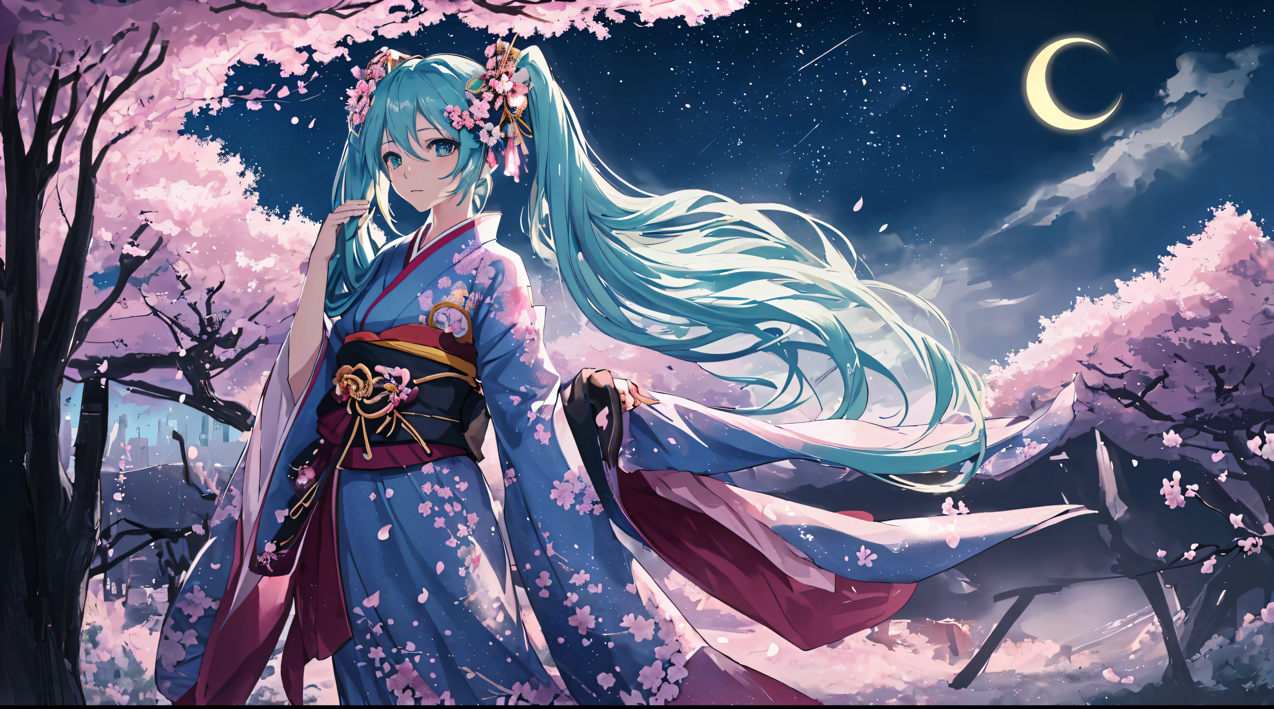 A captivating portrait of Hatsune Miku, appearing as a beautiful and mature anime character, standing in a serene night scene with cherry blossoms surrounding her. She is wearing a stunning kimono adorned with cherry blossoms and intricate patterns. The background shows a sky filled with twinkling stars, a crescent moon, and a cityscape with colorful lights. The overall atmosphere of the image is romantic and enchanting, evoking a sense of tranquility., anime