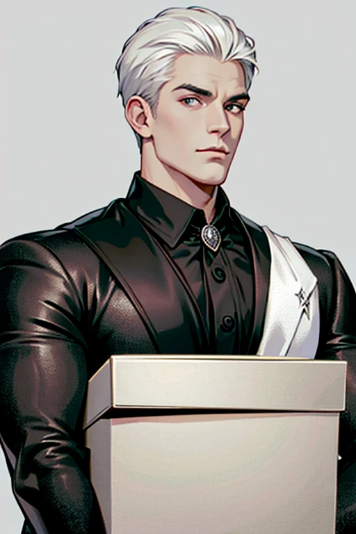 (masterpiece, best quality:1.2), (absurd res, high res, ultra detailed), 1 male, adult, handsome, tall muscular guy, broad shoulders, white hair, finely detailed eyes, portrait, looking at viewer, solo, half shot, detailed background, detailed face, (gothic), smirk, vampire, dark leather, high fantasy,, stealth, undercover, (crates in background), shadows, fog, (dutch angle), closed mouth, black pants