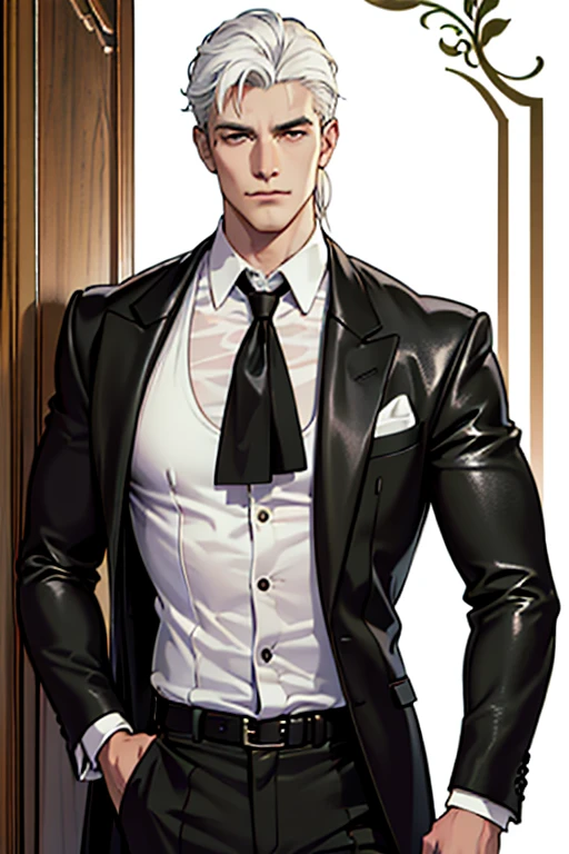 (masterpiece, best quality:1.2), (absurd res, high res, ultra detailed), 1 male, adult, handsome, tall muscular guy, broad shoulders, white hair, finely detailed eyes, portrait, looking at viewer, solo, half shot, detailed background, detailed face, (gothic), smirk, vampire, dark leather, high fantasy,, stealth, undercover, (crates in background), shadows, fog, (dutch angle), closed mouth, black pants