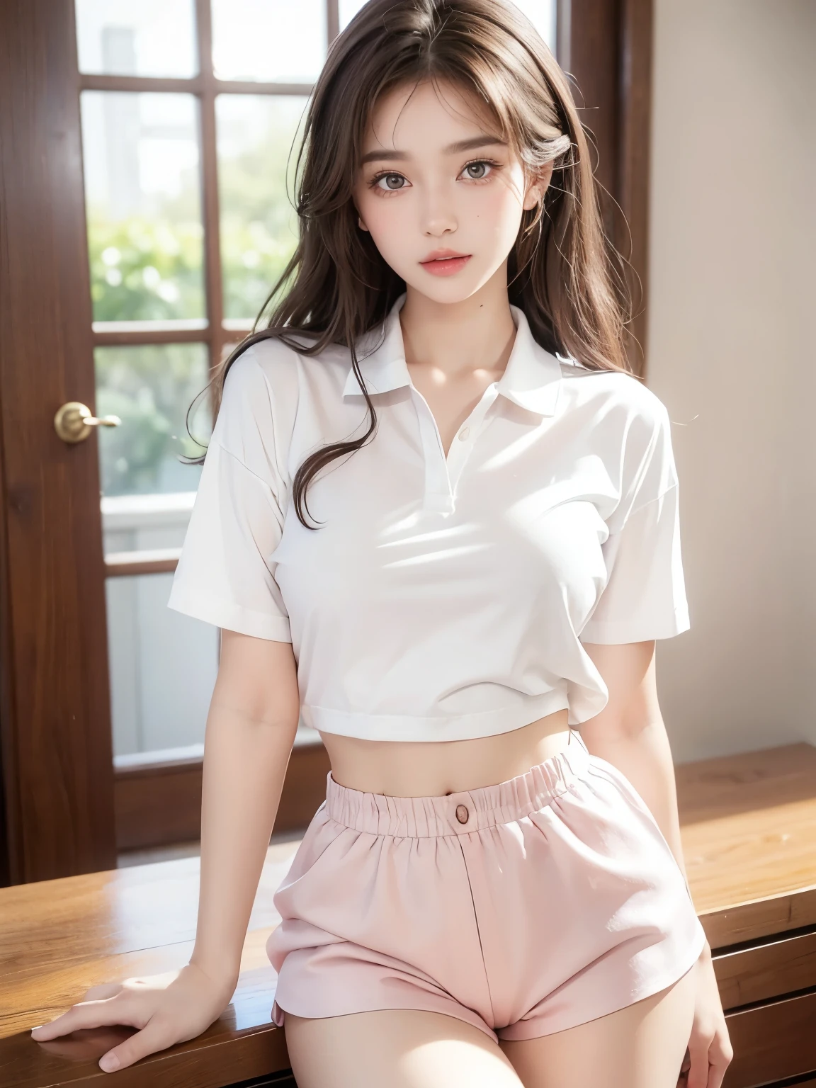 A beautiful girl, with brown curly hair, with curls at the ends, all her hair brown, with a star clip in her brown-white hair, light-colored eyes, beautiful eyes, teary eyes, beautiful and teary eyes, a pretty, upturned nose, a teary nose, pretty lips, pink lips, heart-shaped and cupid's bow lips, beautiful skin, white skin, with moles and freckles all over her face, soft and cute makeup, a cute collar, While she is wearing small black cotton shorts, while she is wearing a long polo shirt at the height of her thighs, and nice shirt,, with a slim, toned, and beautiful abdomen, body complete (beautiful breasts), body pose, a beautiful, body full, looking at the camera
