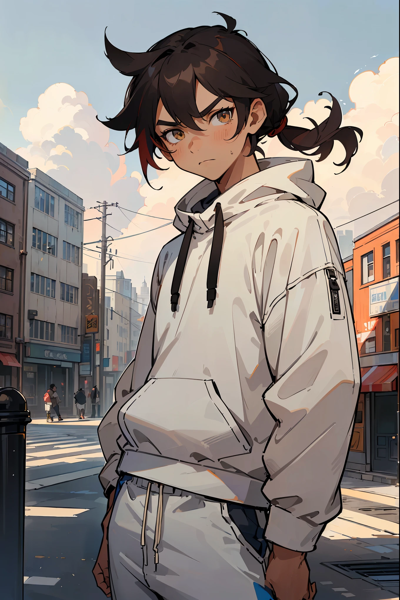 ((masterpiece,best quality,1boy,male focus,masculine,looking at viewer,solo,closed mouth,ager,muscle,muscular)),black hair,short messy hair,topknot hair,((colorful brown eyes,perfect eyes,glowing eyes,perfect face,calm demeanor)),((modern clothing,multicolored sweatshirt,white sweatshirt,white jogger pants)),dark skin color,standing still,caramel skin color, ((city background,buildings,stores,street,afternoon,cloudy sky))