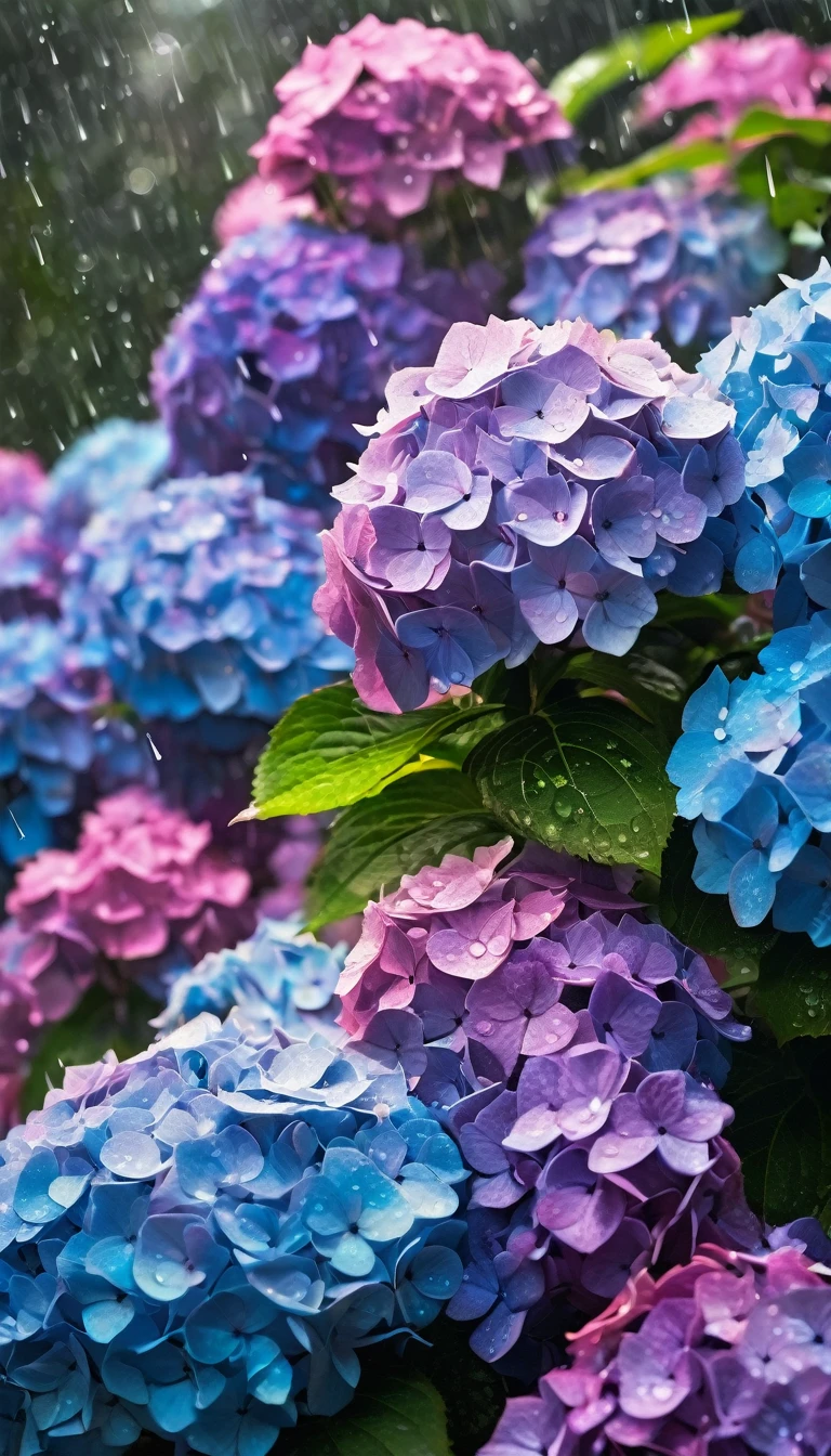 A plethora of hydrangeas, their colors in shades of light purple, pink, and blue, with a light rain falling, the raindrops sparkling and creating a fantastical scenery. It looks like a photograph rather than a painting, with a beautiful, shimmering brilliance.