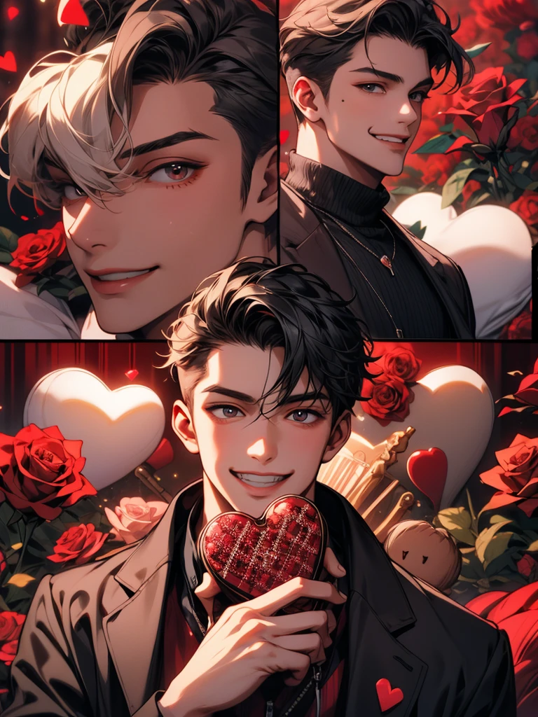 masterpiece, collage of age boy, valentine, happy, smile, chocolate, roses, hearts