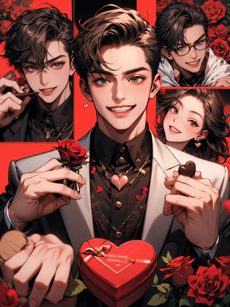 masterpiece, collage of age boy, valentine, happy, smile, chocolate, roses, hearts