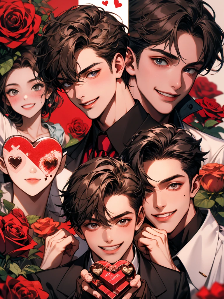 masterpiece, collage of teenage boy, valentine, happy, smile, chocolate, roses, hearts