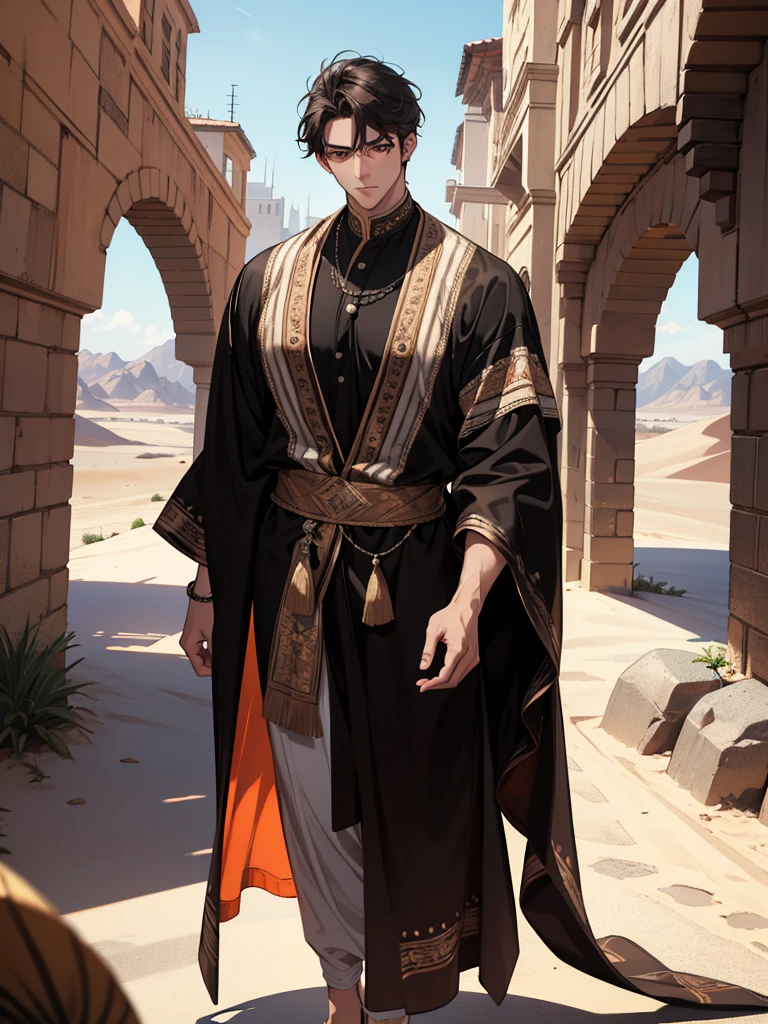 (absurdres, highres, ultra detailed), 1 male, adult, handsome, tall muscular guy, broad shoulders, finely detailed eyes and detailed face, desert, full body, middle eastern clothes, short black hair, brown eyes, focused on scenery, a guy starting journey