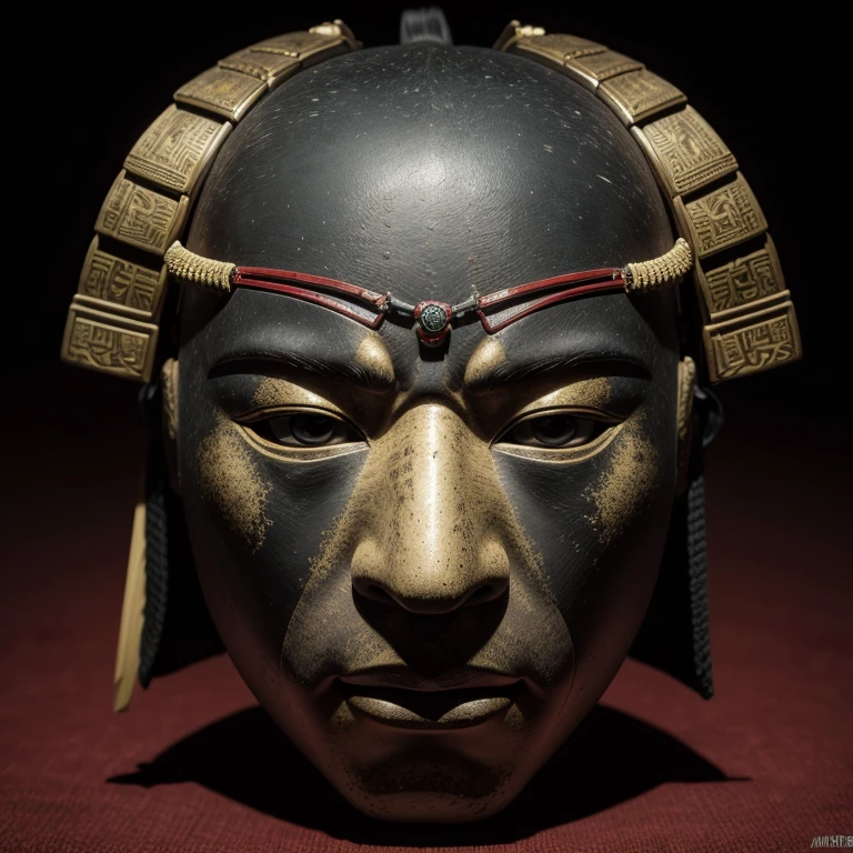 wide shot of an ancient samurai mask coming towards the viewer, hiperrealista, arte de fantasia, 4K