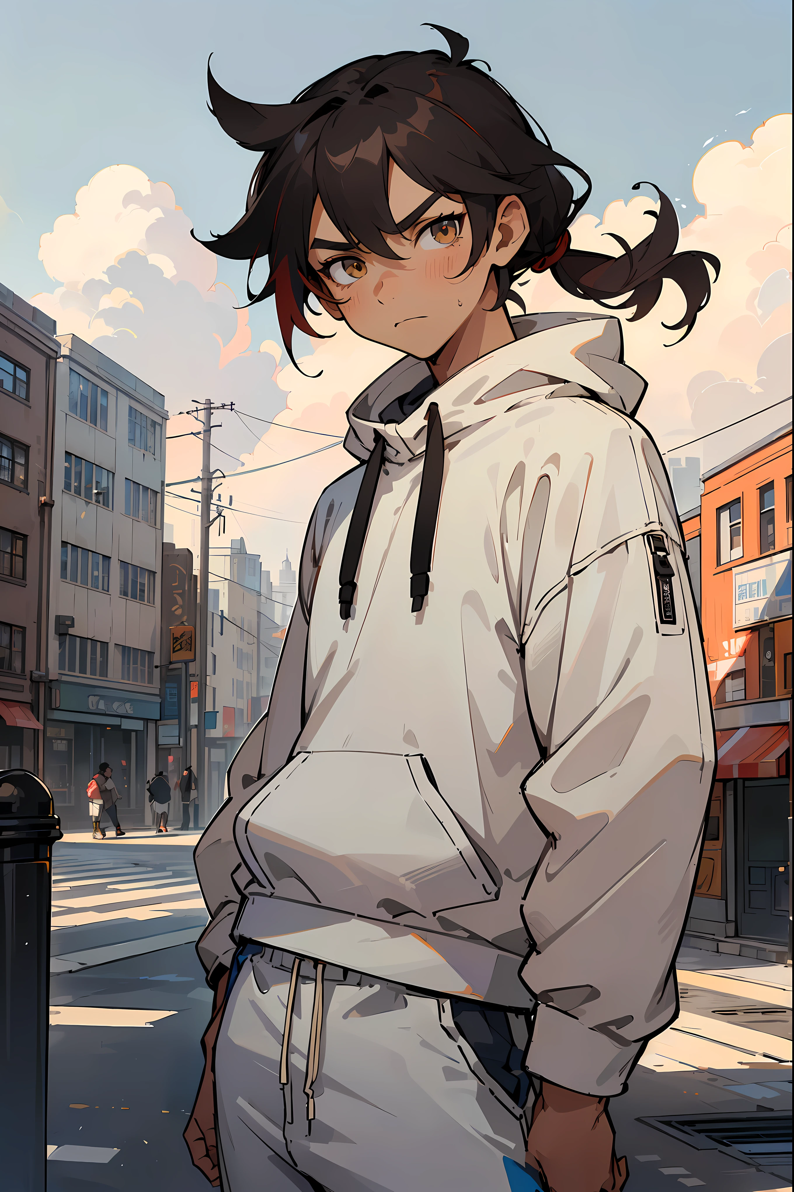 ((masterpiece,best quality,1boy,male focus,masculine,looking at viewer,solo,closed mouth,teenager,muscle,muscular)),black hair,short messy hair,topknot hair,((colorful brown eyes,perfect eyes,glowing eyes,perfect face,calm demeanor)),((modern clothing,multicolored sweatshirt,white sweatshirt,white jogger pants)),dark skin color,standing still,caramel skin color, ((city background,buildings,stores,street,afternoon,cloudy sky))
