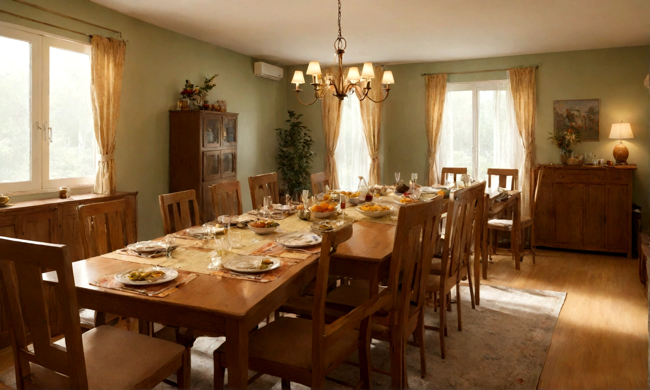 A middle-class family's dining room with wooden furniture, a large dining table set for a meal, and a warm, inviting atmosphere --ar 16:9