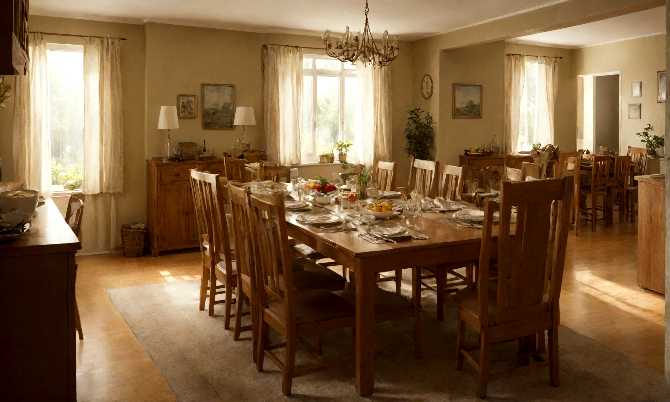 A middle-class family's dining room with wooden furniture, a large dining table set for a meal, and a warm, inviting atmosphere --ar 16:9