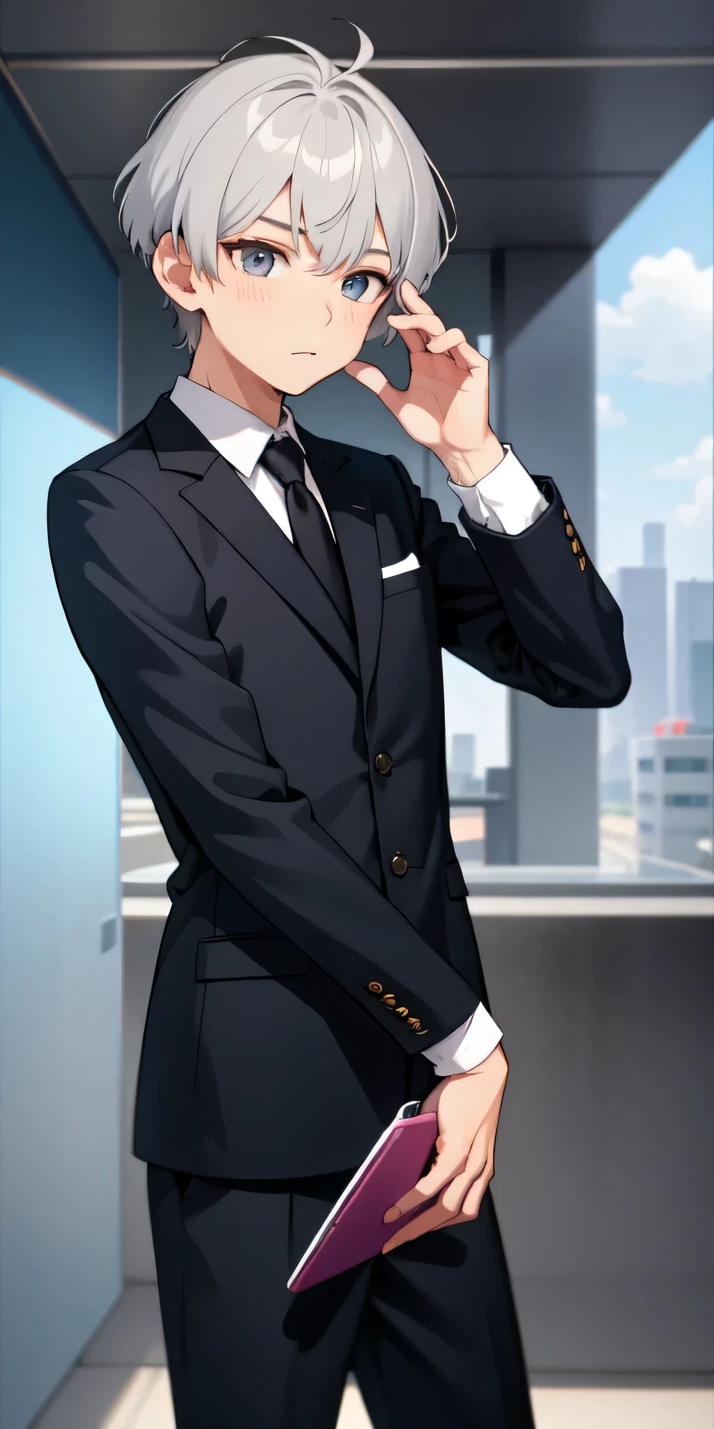 One boy,Gray Hair,I have a mobile phone,whole body,suit,background none,30th Generation,Short Hair