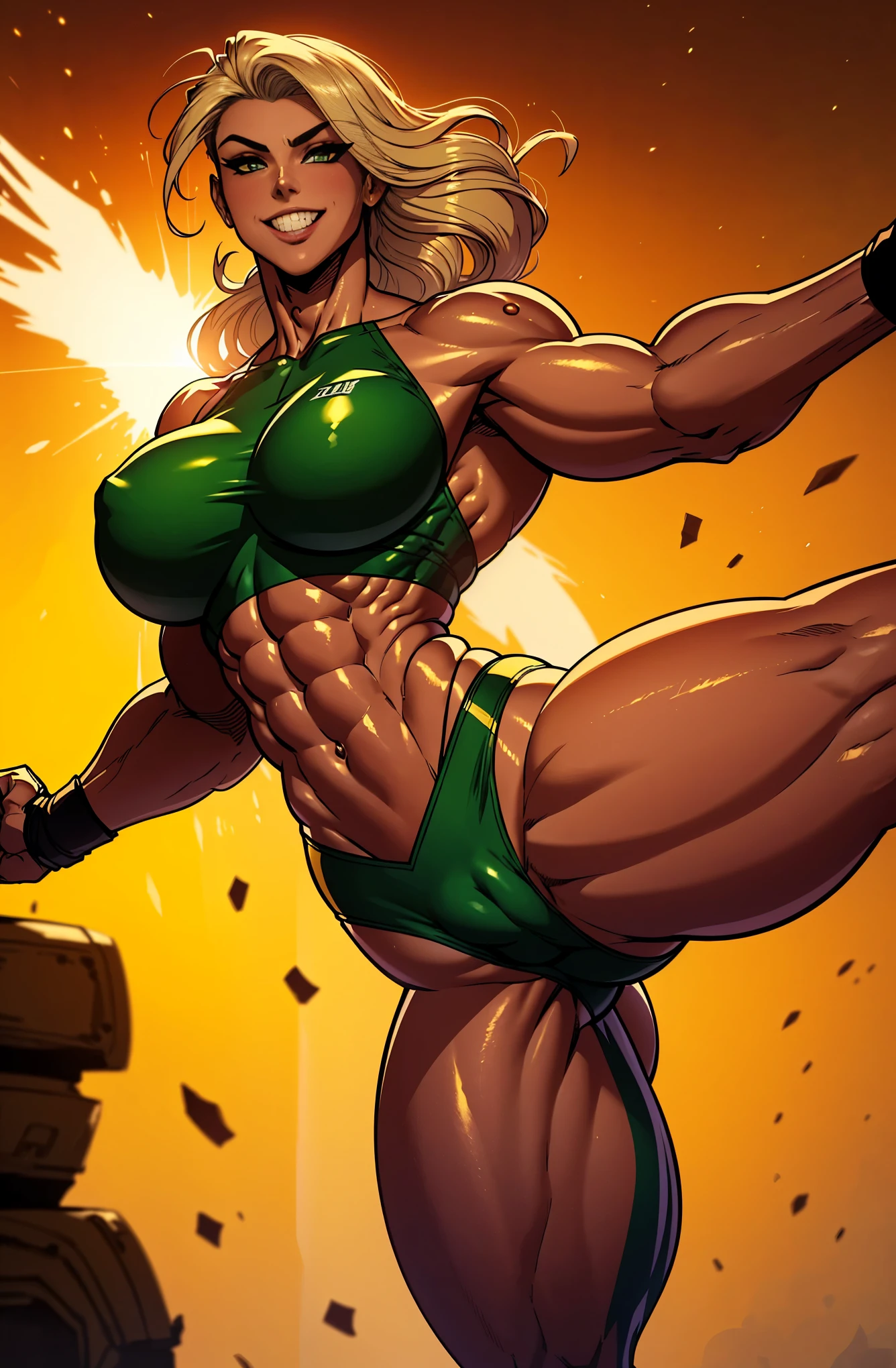 Fighting game characters、A big bust that seems to burst、One Woman Love、Jade-colored hair、slurry and long legs,,,,,,,,,、Fitness Model、muscle、Abdominal muscles、Height: 175cm、Fighting suit with golden sheen、Sunburned skin、Glowing Skin、Cool smile、Full Body View、High kick pose、