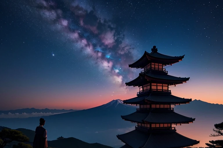The night sky is deep purple、dark blue、And it is filled with a gradation of coral colors.。A traditional five-story pagoda stands silently in the distance, and nearby, Mount Fuji stands majestically.。In the foreground、Two figures, a man and a woman、A silhouette is depicted looking up at the night sky.。The colors of the night sky and the Japanese landscape blend together、Draw a beautiful and tranquil scene。