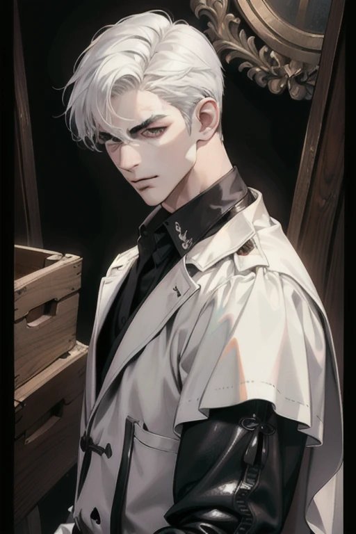(masterpiece, best quality:1.2), (absurd res, high res, ultra detailed), 1 male, adult, handsome, tall muscular guy, broad shoulders, white hair, finely detailed eyes, portrait, looking at viewer, solo, half shot, detailed background, detailed face, (gothic), smirk, vampire, dark leather, high fantasy,, stealth, undercover, (crates in background), shadows, fog, (dutch angle), closed mouth,