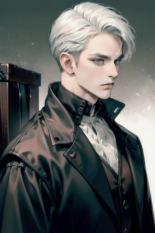 (masterpiece, best quality:1.2), (absurd res, high res, ultra detailed), 1 male, adult, handsome, tall muscular guy, broad shoulders, white hair, finely detailed eyes, portrait, looking at viewer, solo, half shot, detailed background, detailed face, (gothic), smirk, vampire, dark leather, high fantasy,, stealth, undercover, (crates in background), shadows, fog, (dutch angle), closed mouth,