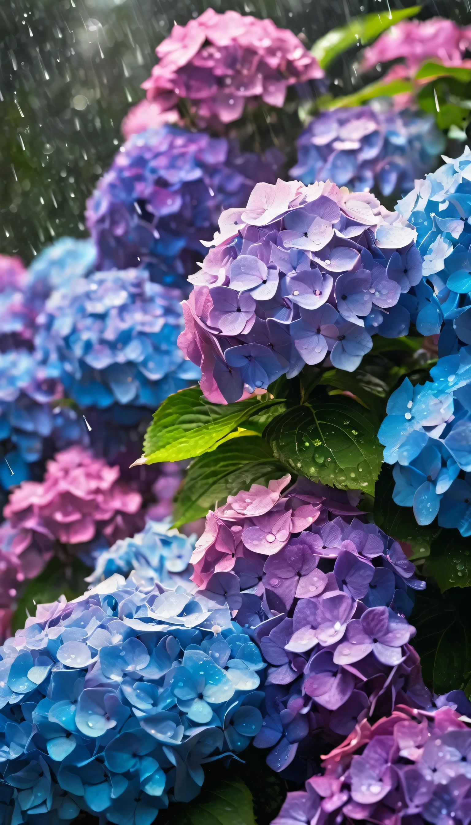 A plethora of hydrangeas, their colors in shades of light purple, pink, and blue, with a light rain falling, the raindrops sparkling and creating a fantastical scenery. It looks like a photograph rather than a painting, with a beautiful, shimmering brilliance.