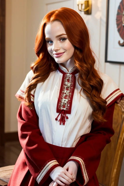 Madelaine Petsch dressed in traditional Georgian clothing and a sexy smile.