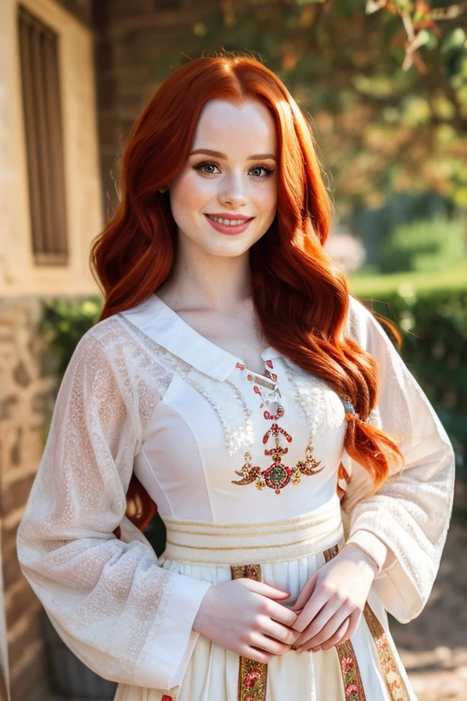 Madelaine Petsch dressed in traditional Georgian clothing and a sexy smile.
