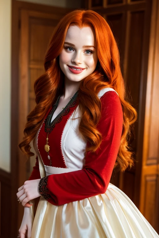 Madelaine Petsch dressed in traditional Georgian clothing and a sexy smile.