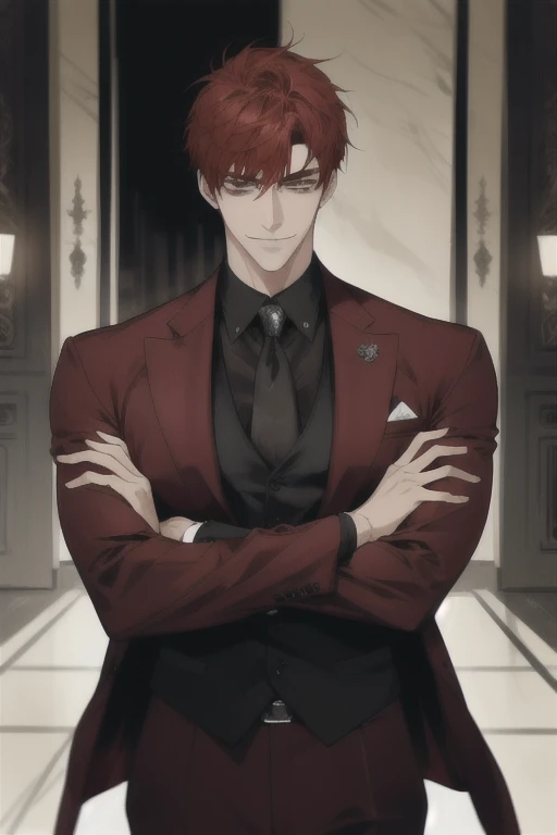 masterpiece, best quality, realistic, 1man, male focus, tall muscular, handsome, [thick eyebrows:0.5], smile, suit, portrait, extremely detailed face, red hair, (short hair)