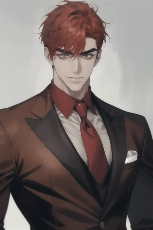 masterpiece, best quality, realistic, 1man, male focus, tall muscular, handsome, [thick eyebrows:0.5], smile, suit, portrait, extremely detailed face, red hair, (short hair)