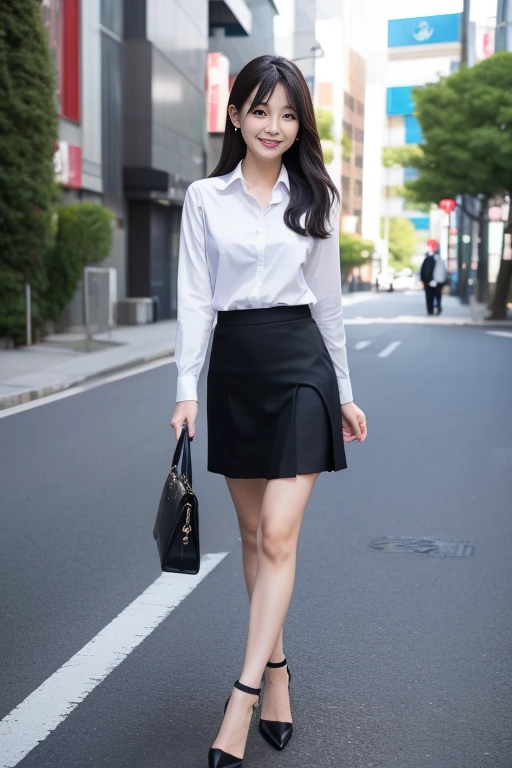 Extremely detailed photography of one Japanese woman, beautiful business woman, walking, 28 years old, (black long tight skirt), (her skirt has long slit:1.2), drooping eyes, smiling
