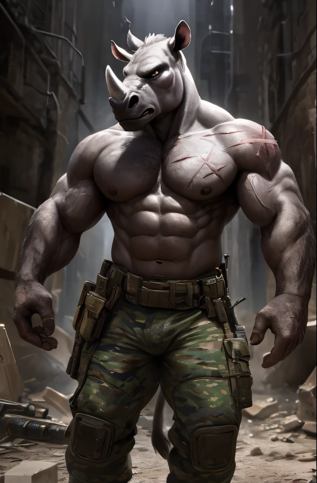 Rhinoceros, military pants, soldier pants, high res, topless, SFW, anthropomorphic, extra detailed body, Best quality, masterpiece, ultra high res, detailed background, realistic, real shadow and light, depth of field, details skin, angry face, Sexybody, Sixpack, muscular, hunky, mercenary pants, war zone, damaged, huge scar on his body, fighting during battle using a bow
