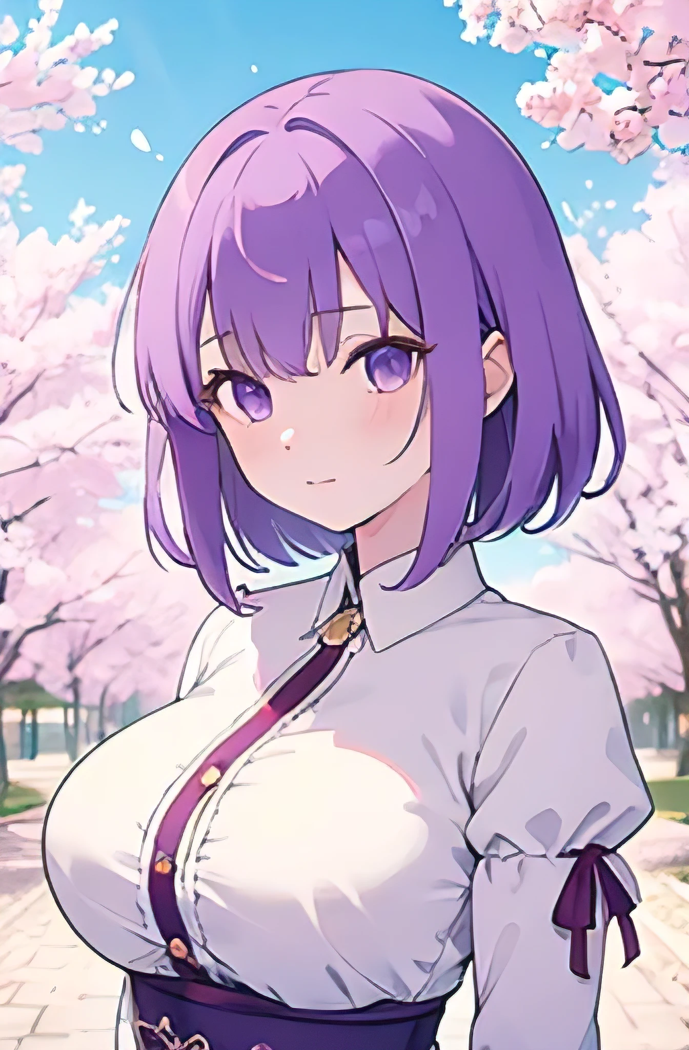 masterpiece, best quality, 1girl, sakura matou, purple hair, purple eyes, large breasts,