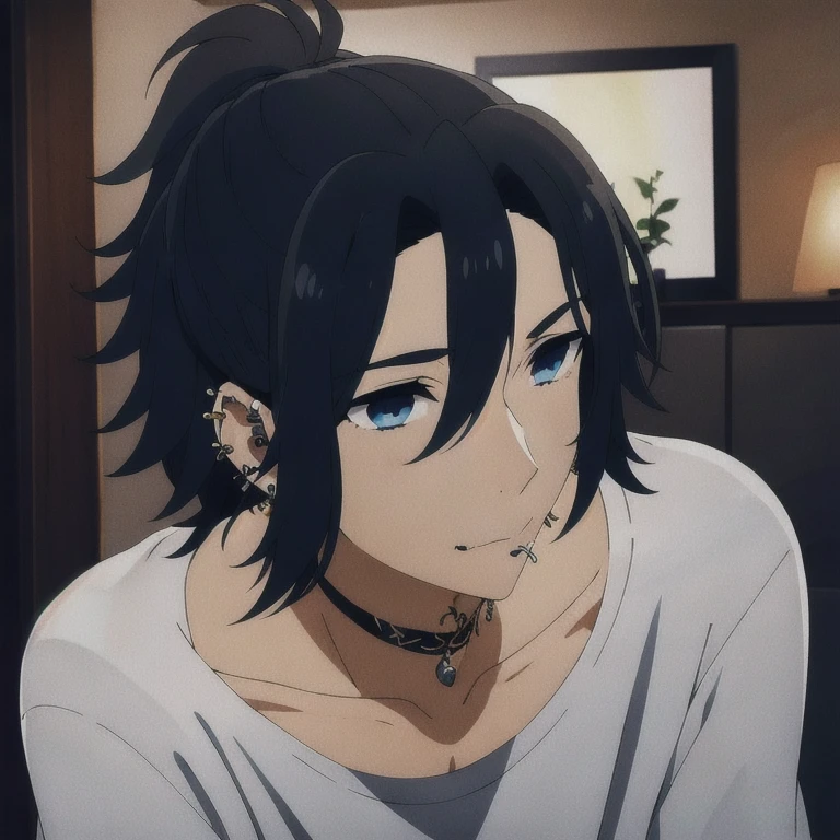 (masterpiece, best quality:1.2), 1guy, solo,  boy, average height and has a slim figure with pale skin. He is noted to be quite handsome. He also has deep blue eyes, keeps his hair tied into a small ponytail, with a few bangs framing his face. Occasionally, he wears a lip ring chain and has thin eyebrows, he has a total of nine piercings: four down each ear and one on his lip. He also has dark-colored tattoos on his left shoulder, upper left arm, and side.