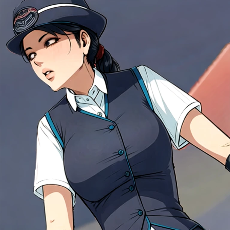 (masterpiece, best quality:1.2), 1girl, detailed face, detailed eyes, solo, standing, uniform, vest, hat, shirt, gloves, wide hip, from side,