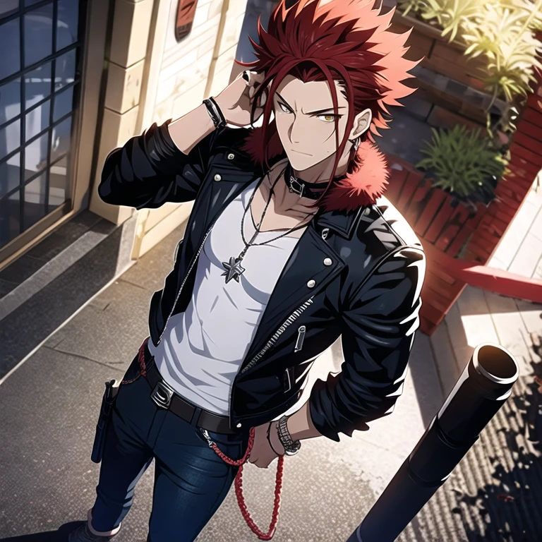 (masterpiece, best quality:1.2), 1guy, solo Mikoto Suoh, red hair, amber colored eyes, muscular, tough guy, bad boy, He wears a black, leather jacket with a fur collar and a long white V-neck shirt underneath. He wears dark blue, denim jeans held up by a simple brown belt, with a silver chain attached from the belt to his back pocket, additionally with black shoes to top off the rest of his outfit, a silver ring on his finger and a long star-shaped necklace around his neck, he also has a piercing in his left ear
