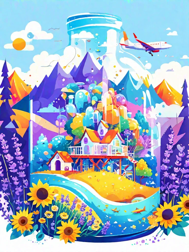 1pzsj1, (flat, user interface vector style), (world in a bottle), heavenly colors, colorful fantasy candy house, fairy tale world, spring, seaside, rios, tree house, sunflower field, lavender, mountains, peaks, big trees, (simple illustration), (smooth line art: 1.2), (minimalism), white background, (graphic design aesthetics), (flat illustration), (Plane illustration)