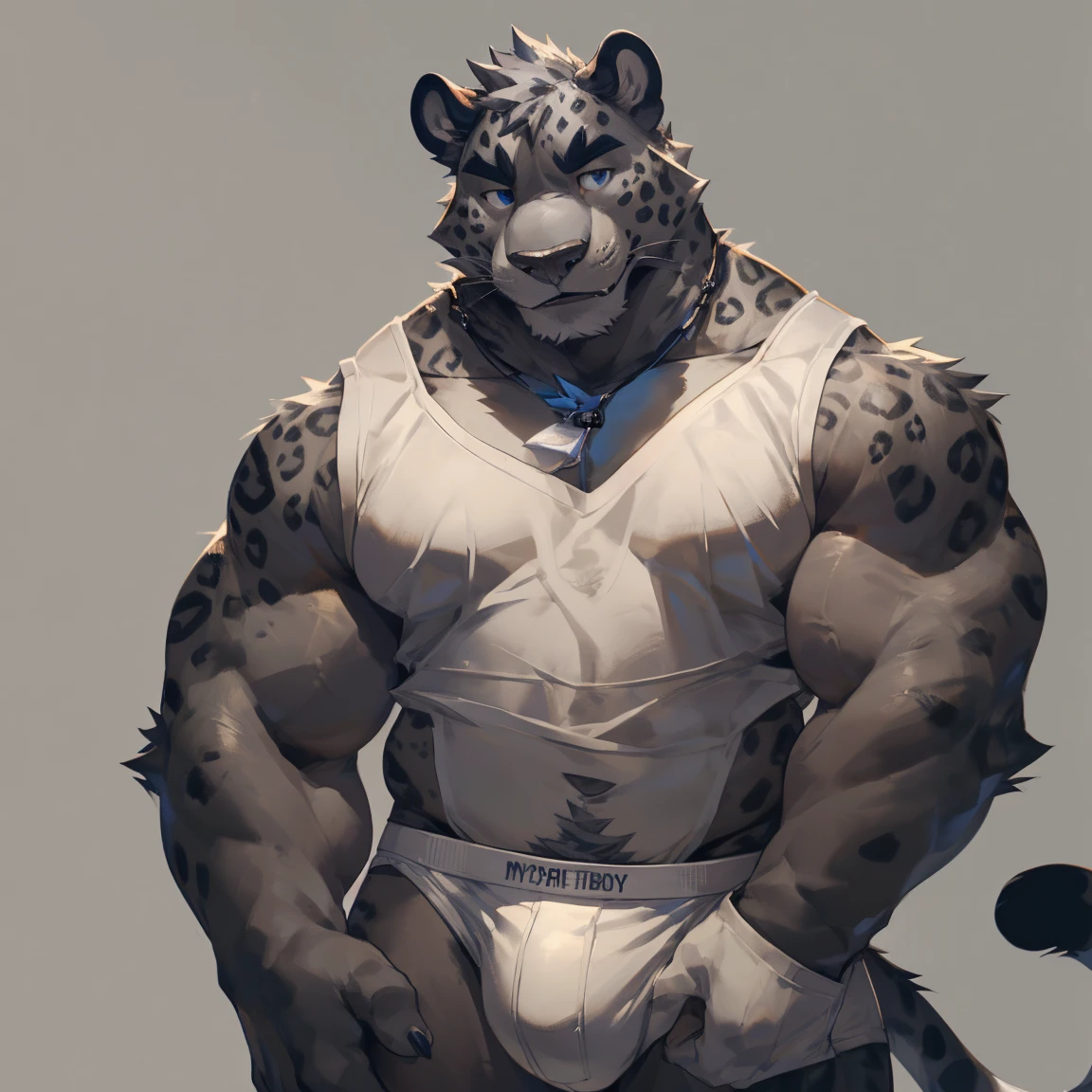 Solo, male, medium muscular, black jaguar, in white underwear, underwear, ((focus body, furry focus, shades focus, body shades)) (((gray background, gray wallpaper, one color))), by darkgem, by mystikfox61, by glitter trap boy