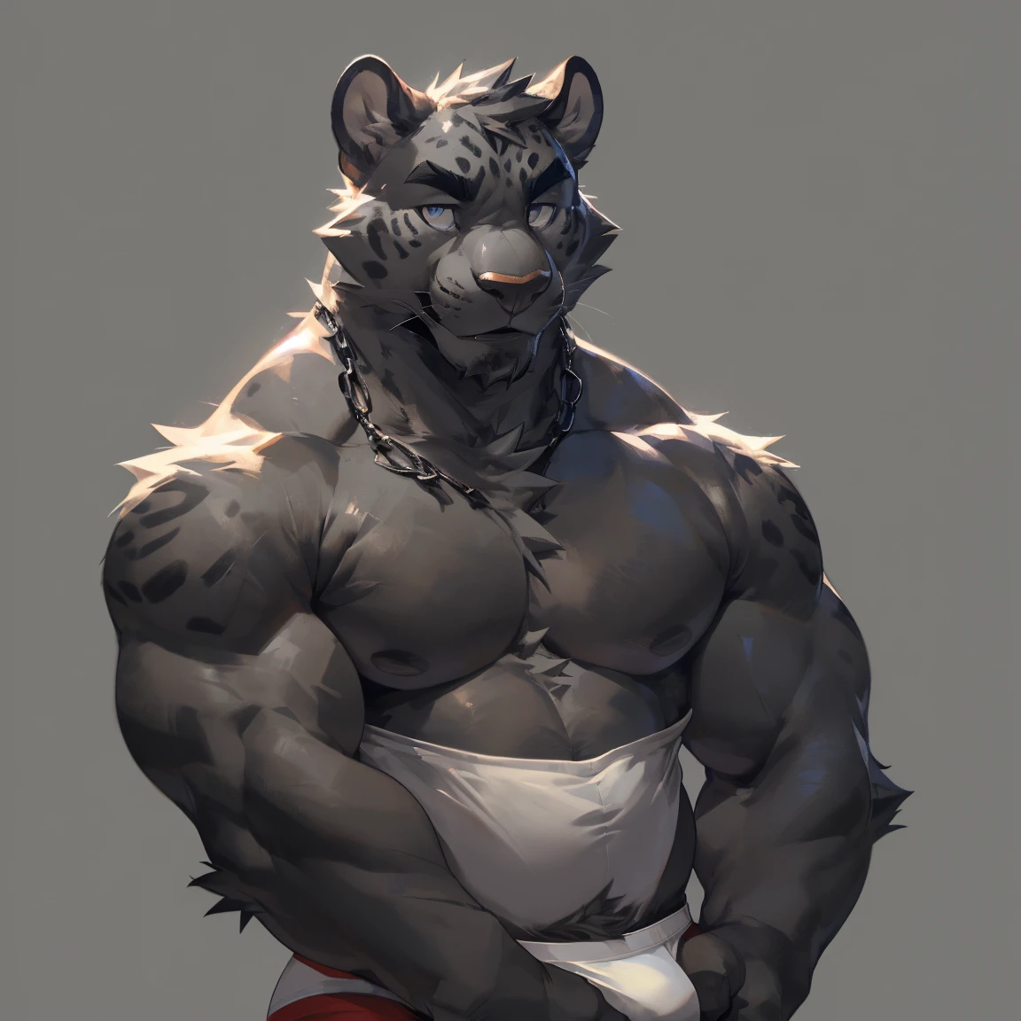 Solo, male, medium muscular, black jaguar, in white underwear, underwear, ((focus body, furry focus, shades focus, body shades)) (((gray background, gray wallpaper, one color))), by darkgem, by mystikfox61, by glitter trap boy