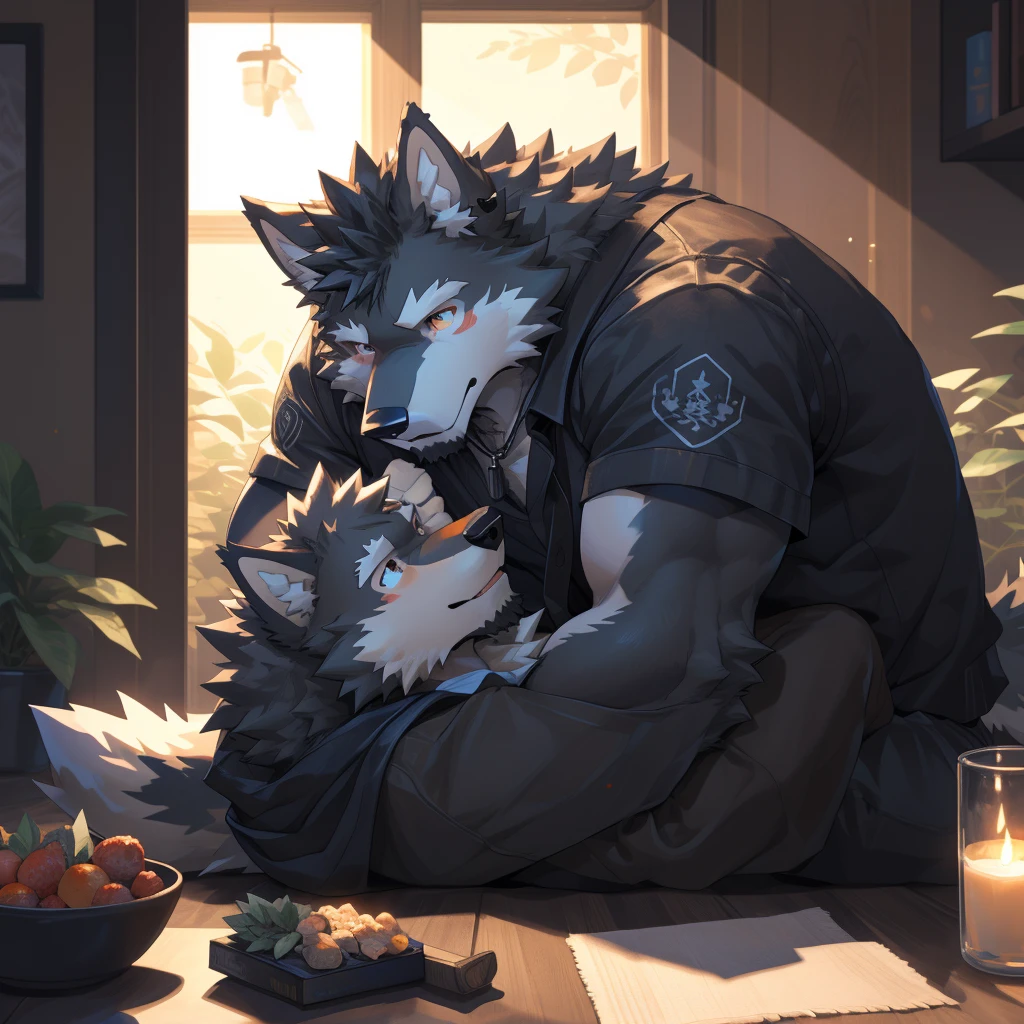 (ultra-detailed, intricate, illustration, detailed lighting), detailed textures, dynamic lighting, atmospheric lighting, dramatic shadows, (two male wolf characters: 1.5), (one wolf character with black fur: 1.4), (one wolf character with white fur: 1.4), (anthro wolf characters: 1.3), (father and son relationship: 1.2), anthro wolf, pawpads, piercing eyes, serpentine features, nude upper bodies, (warm home interior: 1.3), sunlight streaming in, potted plants, cozy furnishings, intimate, sensual, taboo desire, the black wolf embracing the white wolf from behind, hands roaming over scales,by sollyz,by null-ghost