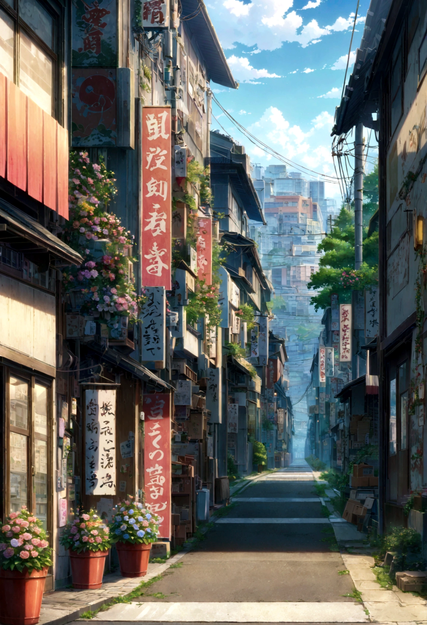 anime scenery of a street with a lot of signs and flowers, anime background art, tokyo - esque town, tokyo anime scene, beautiful anime scene, japanese street, anime art wallpaper 8 k, anime style cityscape, anime art wallpaper 4 k, anime art wallpaper 4k, anime aesthetic, highly detailed digital painting, jen bartel, anime scenery concept art