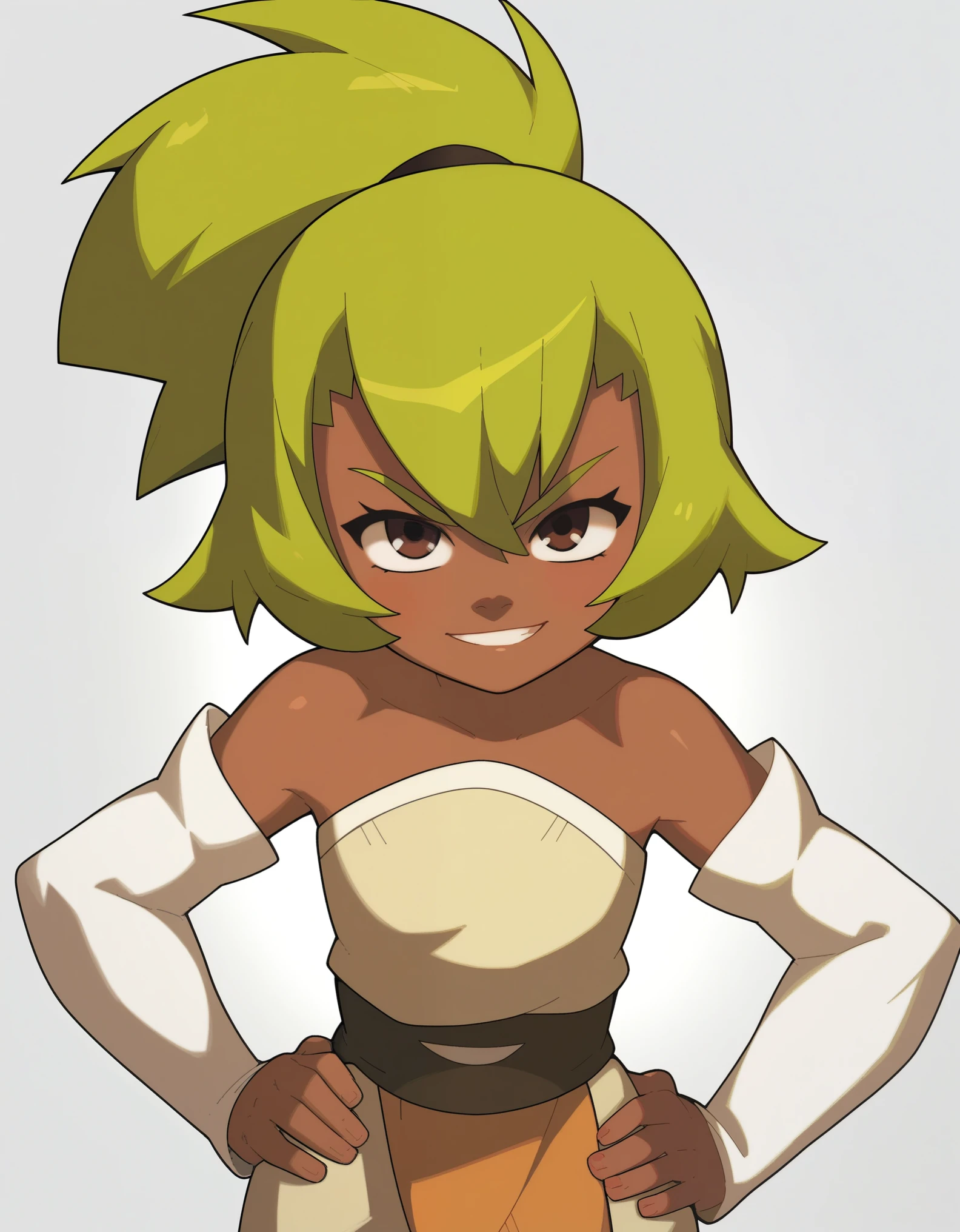 Score_9, score_8_up, score_7_up,  Amalia, 1girl, solo, brown eyes, dark skin, green hair, ponytail, bare shoulders, detached sleeves, pants,  smirk, hands on own hips,