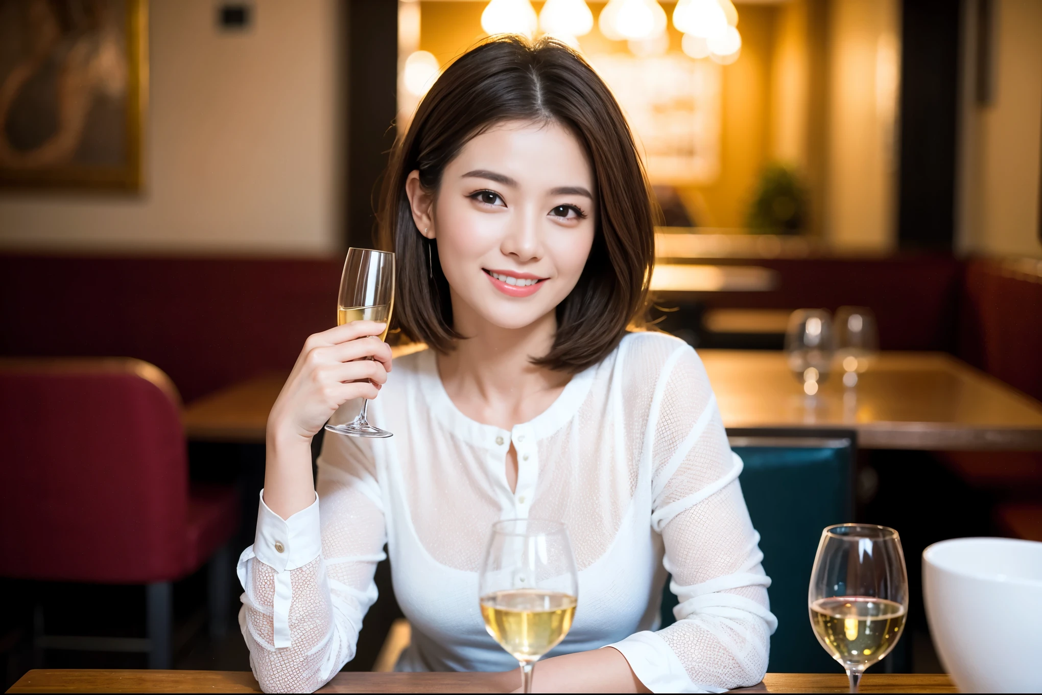 ((highest quality、8k、masterpiece:1.3))、1 male 1 female、石原さとみ似美女Couple、lover、Couple、The body is slim、full-course dinner、テーブルの上のwine glass、Put the light on your face、 Amazing view of the sunset sky and clouds、A bright smile、The wonderfulness of smile、Bright image、 short hair,Bright Face、 (Age 45), "48 years old, red wine 、Appetizers、Italian food、Wine bottle、Champagne、sparkling wine、Two beauties、Brown Hair、Shortcuts、Long sleeve shirt、dress、Pretty Woman 1, (slimな顔), (The body is slim), (Brown Hair), (Shortcuts), cheeks turn a little red,Attractive beauty、restaurant, In a prominent place (From the waist up) Nova Frog Style, actress, model, Upper Body, White wine, slim, wine glass, 中央に置かれたwine glass, smile, (smile: 1.15), Beautiful fine grain, Depth f/2,saturation, High Contrast, Strong light and shadow,Moist Body:1.5、3D texture、Delicate eyes、Brown Hair、The hair is very shiny、