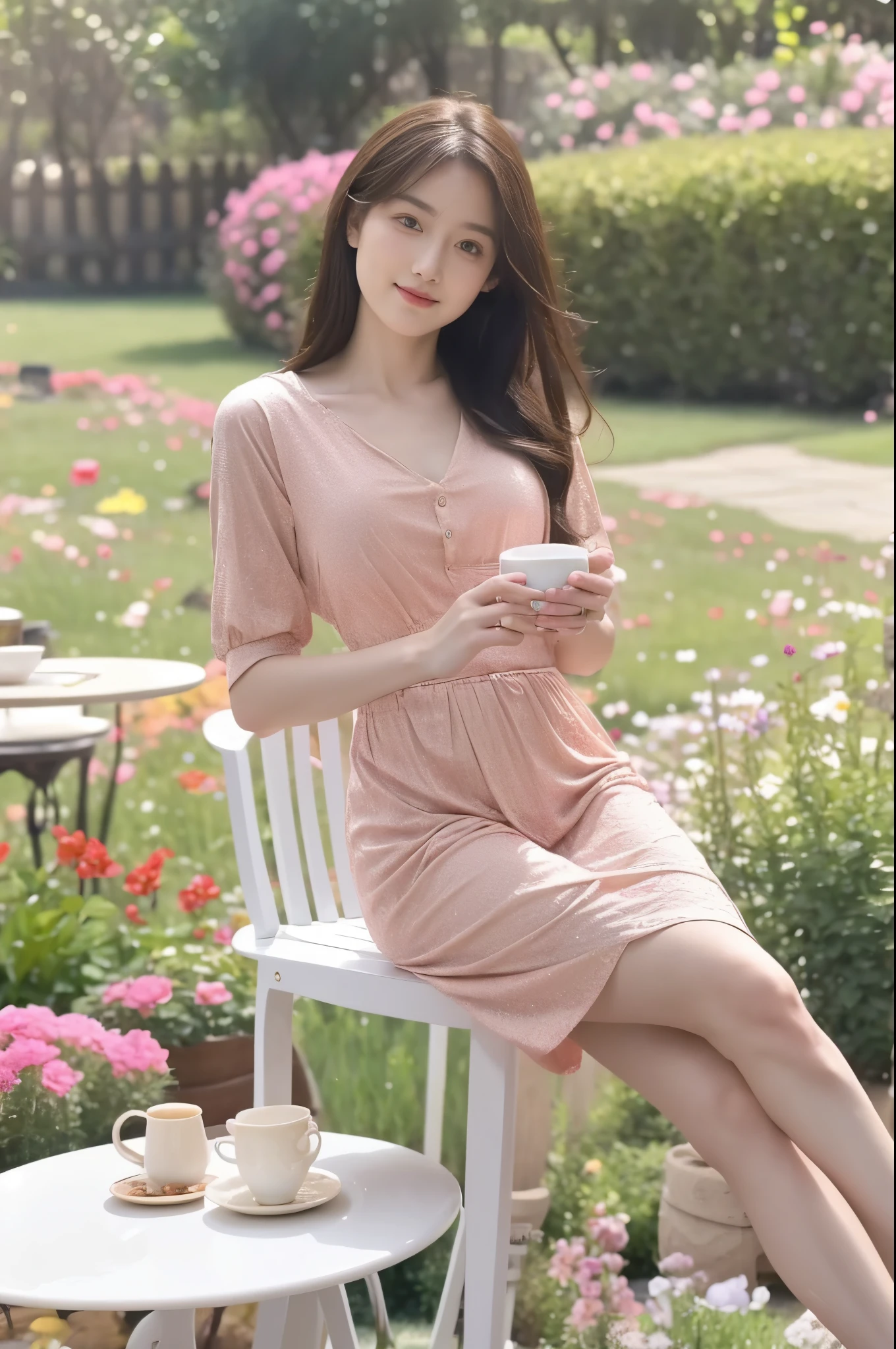 A woman aged 23-27, ultra realistic, with a feminine and delicate face. Women's clothes, pure face. sitting on a chair in the garden, full of flowers and a cup of tea on a table next to it.