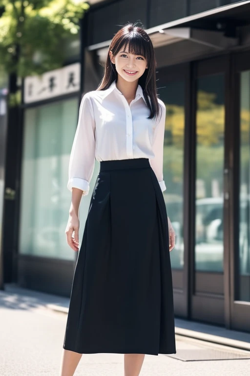 Extremely detailed photography of one Japanese woman, beautiful business woman, walking, 28 years old, (black long tight skirt:1.2), (her skirt has long slit:1.3), cat eyes, smiling, slender body