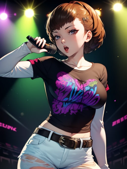 KotoneP3, brown hair,earrings ,lipstick, eye shadow, makeup, 1girl, solo, black t-shirt, white shirt, blue jeans, belt, lipstick, large breasts, layered sleeves, sexy pose, holding a microphone, singing, stage background, headphones