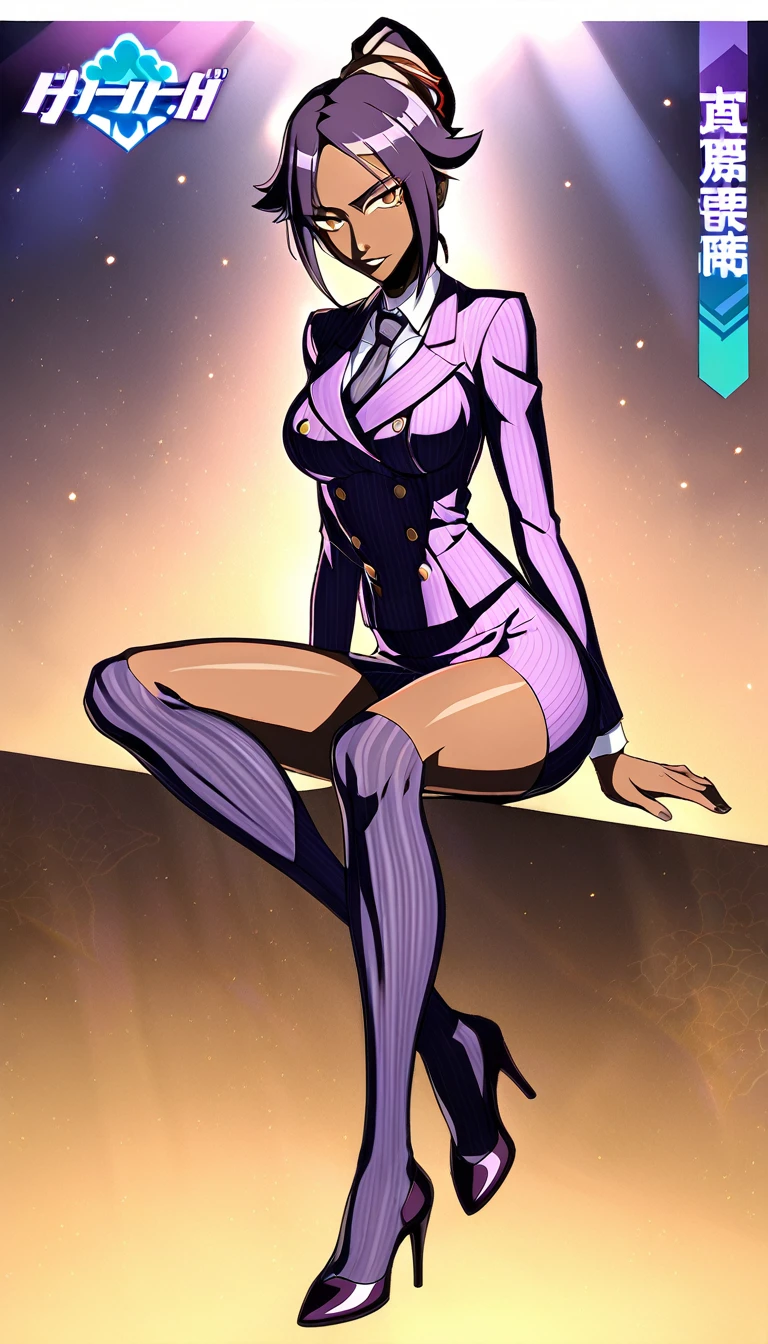  Full body Yoruichi as a thin Black business woman in a double breasted pinstripe purple  skirt suit while wearing a tie with a very long purple pinstripe skirt that covers the legs and with long black knee socks full art and make her sit down also give her thin legs and purple heels