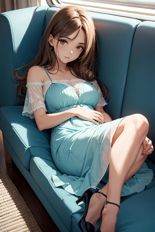 Beautiful woman, inside a combi from Mexico, lying on sofa, light brown hair, long hair, white and blue dress, perfect body, good lighting, navy blue heels, green skirt
